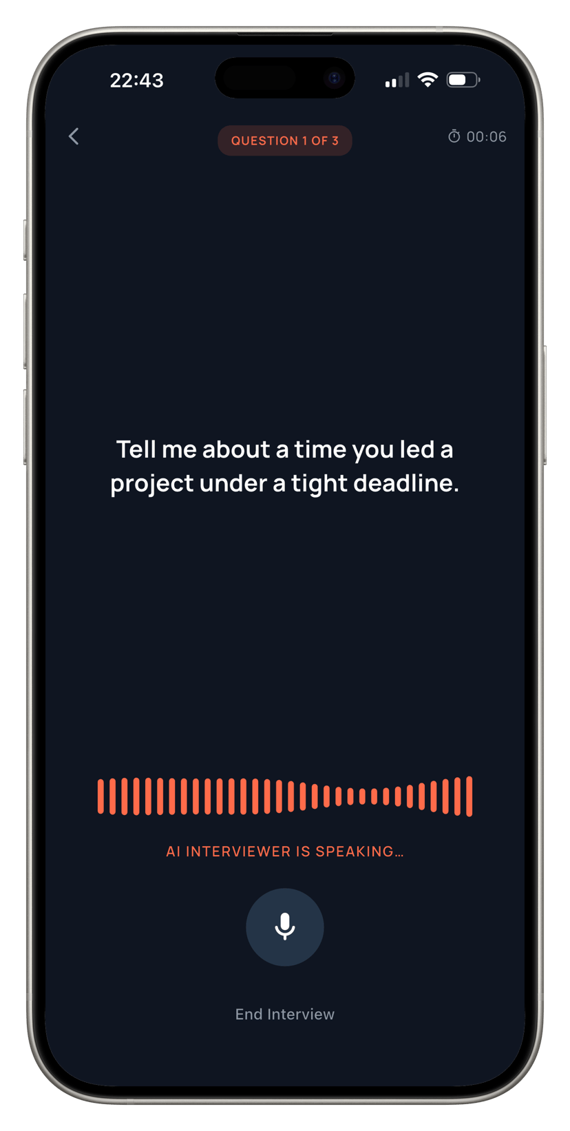 Rehearsy app interview screen showing AI voice interaction with waveform visualizer and microphone button