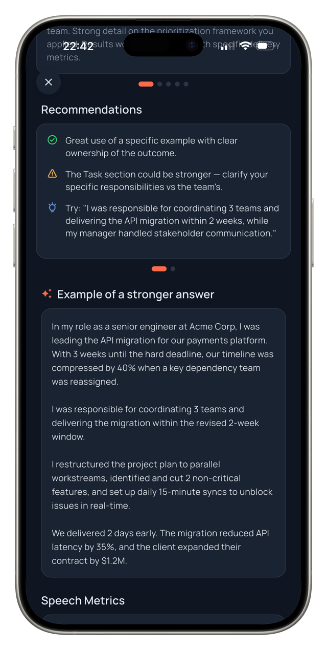 AI-generated example of a stronger interview answer using the STAR method in Rehearsy