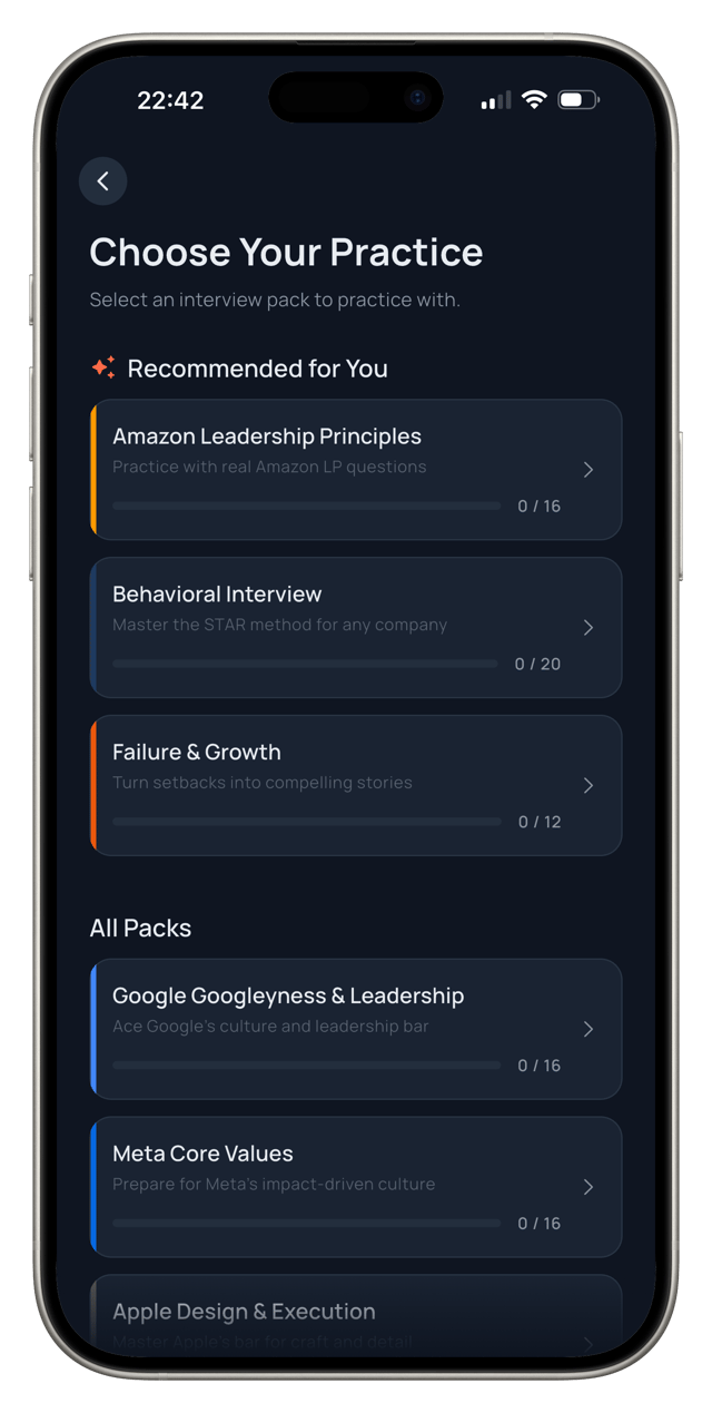 Interview preparation packs for Amazon, Google, Meta, Apple, and consulting companies in the Rehearsy app