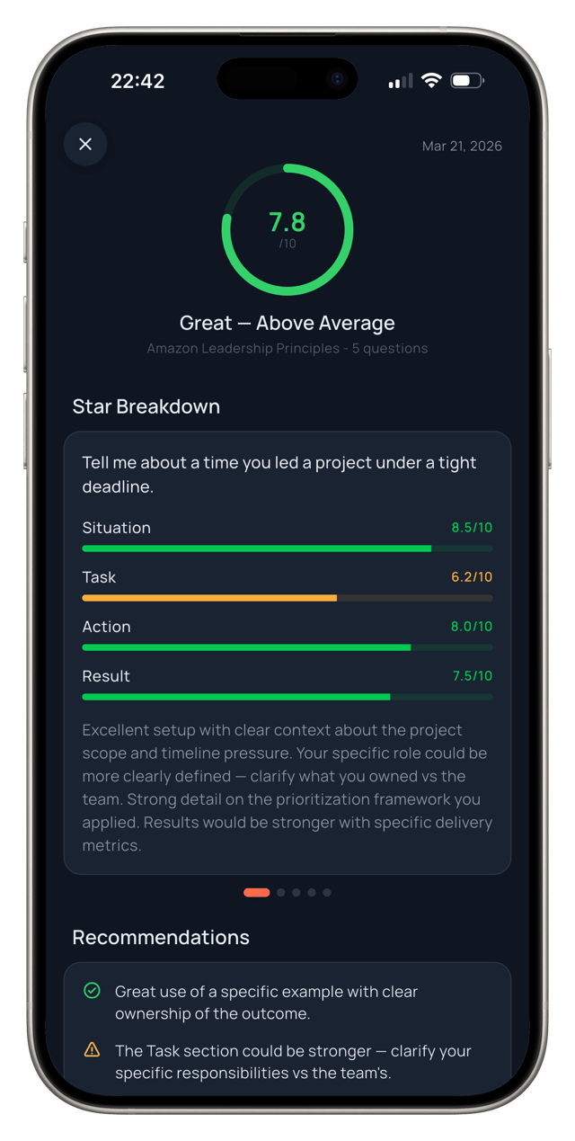 STAR method feedback score of 7.8 out of 10 with Situation, Task, Action, and Result breakdown bars in the Rehearsy app